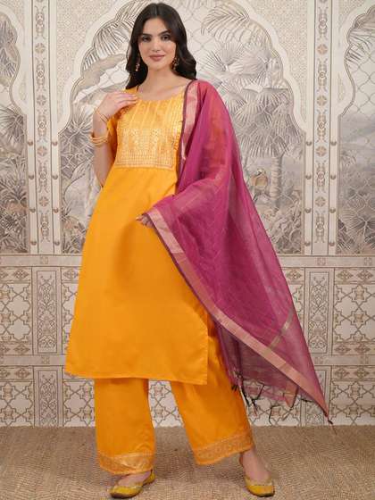 Vishudh Floral Yoke Design Straight Kurta with Palazzos & With Dupatta