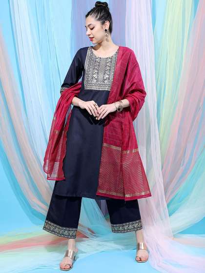 Vishudh Navy Blue Ethnic Motifs Yoke Design Straight Kurta With Palazzos & Dupatta