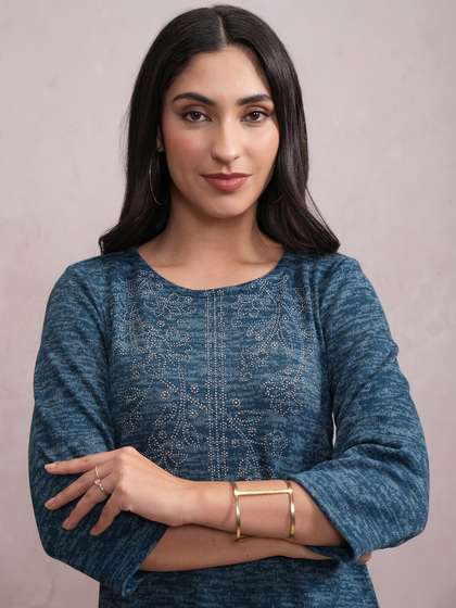 Vishudh Teal Blue Abstract Printed Sequined Straight Kurta