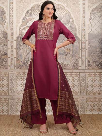 Vishudh Ethnic Motifs Yoke Design Straight Kurta with Palazzos & With Dupatta