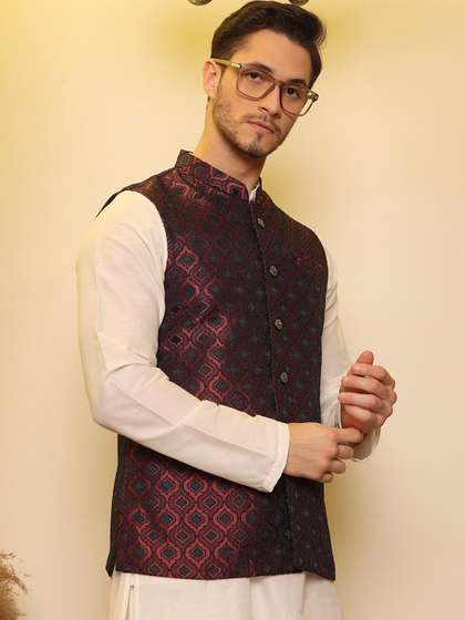House of Pataudi Jacquard Woven Nehru Jacket
