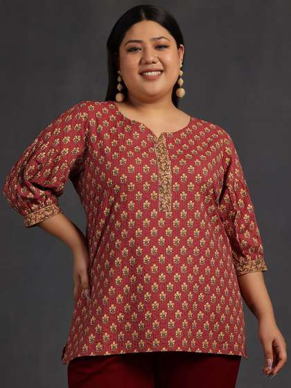 EXTRA LOVE BY LIBAS Plus Size Floral Printed Puff Sleeves Pure Cotton Straight Kurti