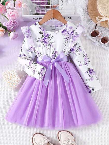 BAESD Girls Floral Print
                    Full Sleeve Net Fit & Flare Dress