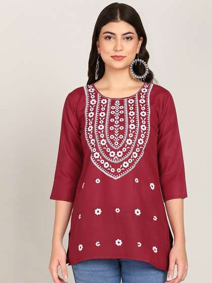 TOP N THREAD Floral
                        Embroidered Round Neck Three-Quarter Sleeves
                        Chikankari Kurti
