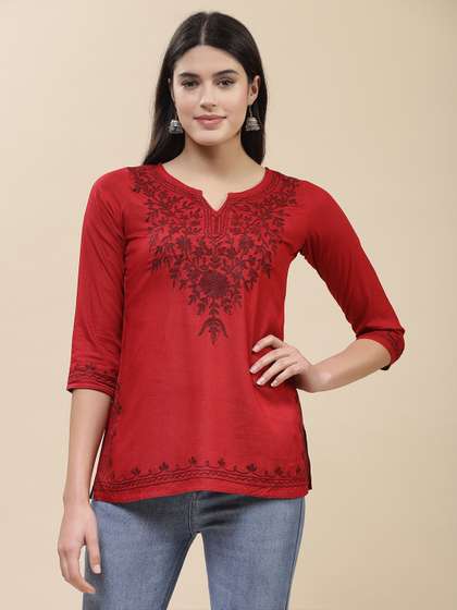 QAZMI Floral Yoke Design Kashmiri Aari Work Straight Kurti