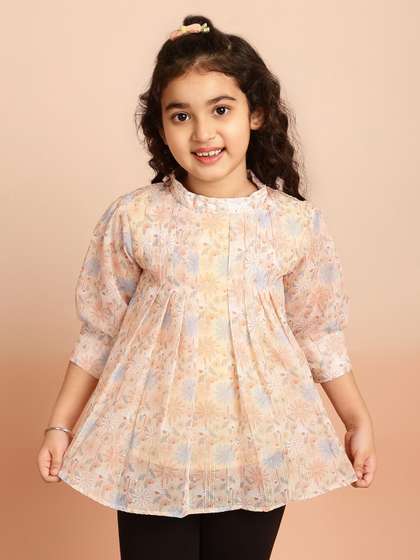 BAESD Girls Floral
                        Printed High Neck Embroidered Bell Sleeve A-Line
                        Top