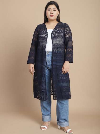 Rute Plus Size Self
                        Design V-Neck Long Sleeves Longline Open Front
                        Shrug