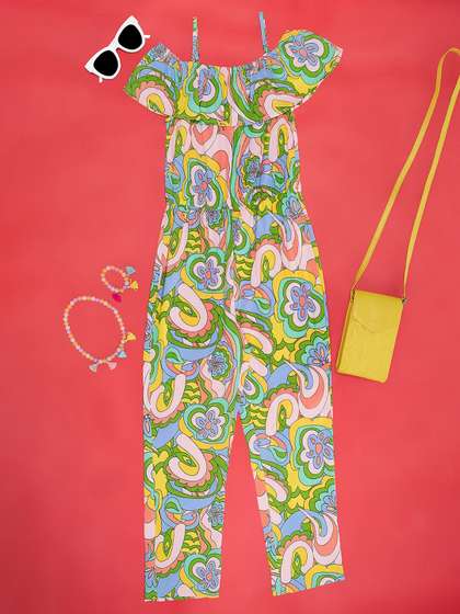 YU by Pantaloons Girls
                    Floral Printed Cold Shoulder Sleeves Basic Jumpsuit