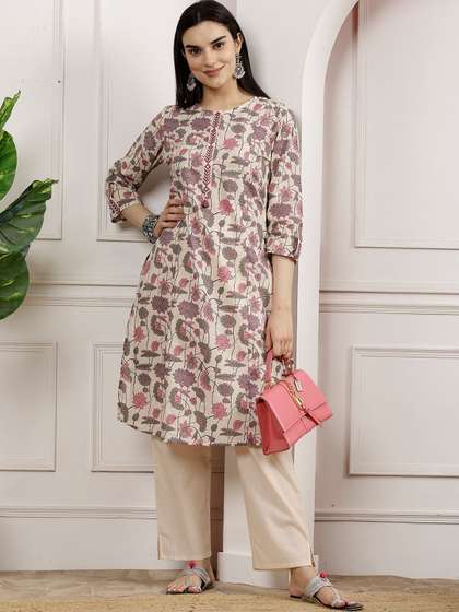 Nayam By Lakshita
                        Floral Printed Mirror Work Pure Cotton Straight
                        Kurta with Palazzos