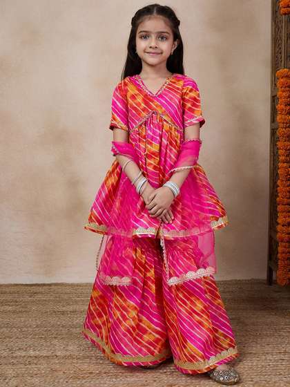 Pspeaches Girls Fuchsia
                    And Orange Leheriya Kota Kurta Sharara Dupatta Set