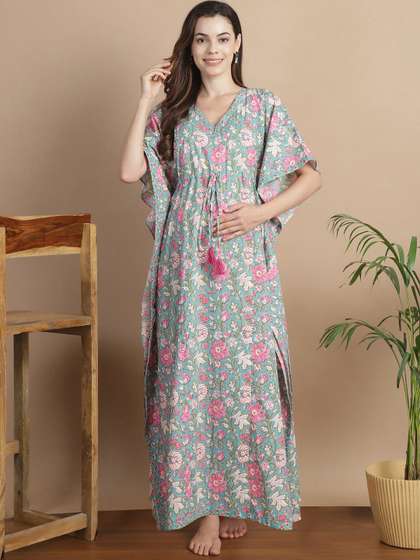 Secret Wish Floral
                        Printed V-Neck Pure Cotton Maxi Maternity Kaftan
                        Nightdress