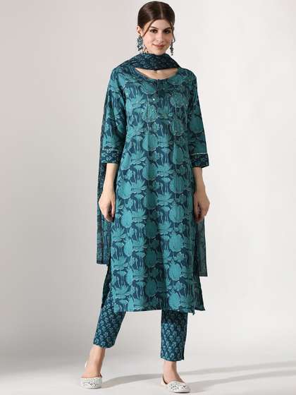 Anouk X fwd Floral Printed Tie-Up Neck Thread Work Pure Cotton Kurta with Trousers & Dupatta