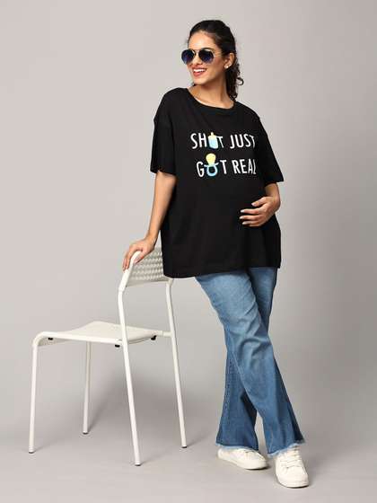 The Mom Store
                          Typography Printed Pure Cotton Oversized
                          Maternity T-shirt