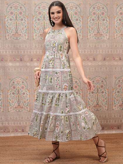 Vishudh Women Halter
                        Neck Ethnic Motifs Print Layered Empire Midi
                        Dress