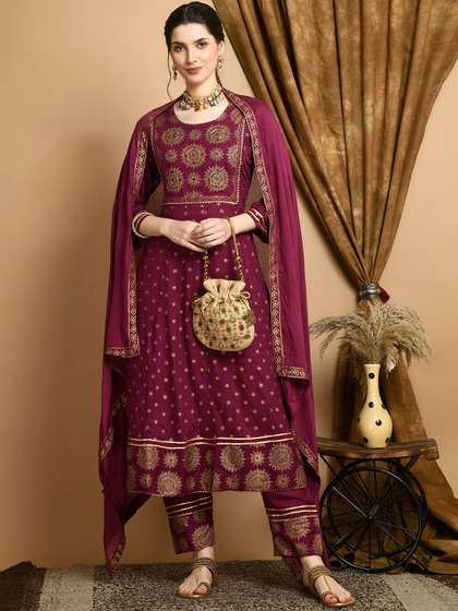 KALINI Ethnic Motifs Printed Empire Mirror Work Kurta with Trousers & Dupatta