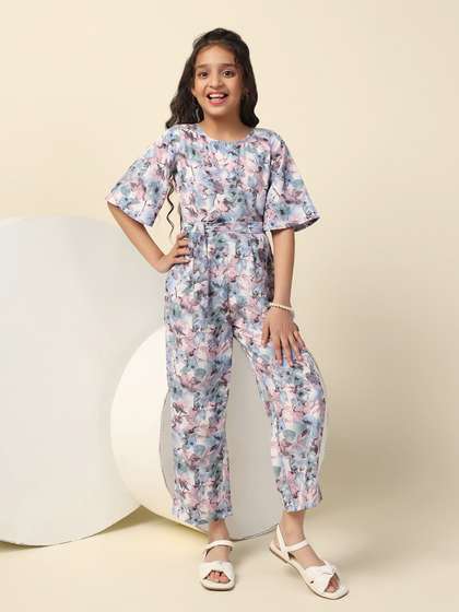 BAESD Girls Floral
                    Printed Flared Sleeves Jumpsuit With Belt