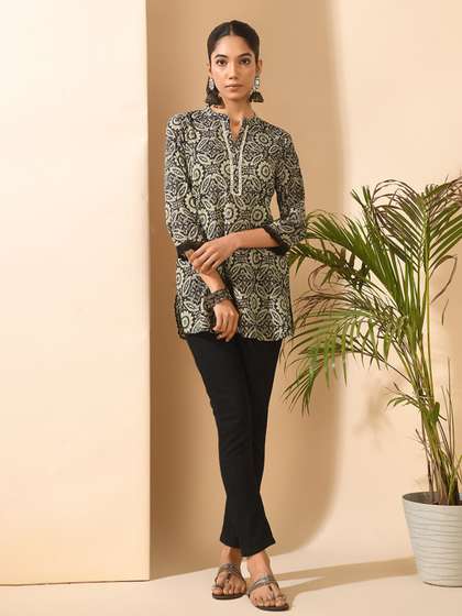 MEESAN Mandarin Collar Printed Cotton Ethnic Tunic