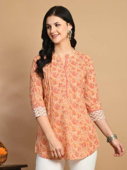 MEESAN Mandarin Collar Cotton Printed Tunic