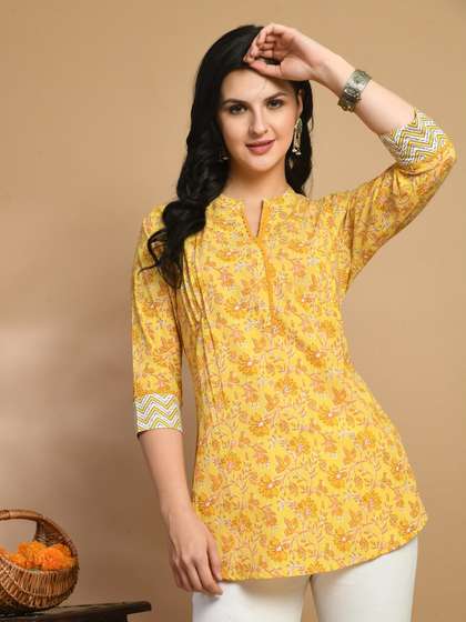 MEESAN Mandarin Collar Printed Cotton Tunic