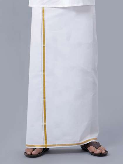 Ramraj Men Cotton
                        White Solid Gold Jari Border Double Layer Dhoti