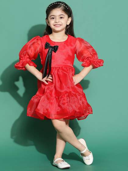 TALES & STORIES Red
                    Puff Sleeves Fit & Flare Kids-Girls Dress