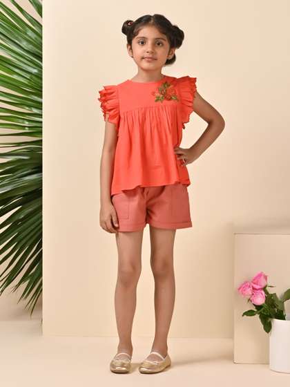 The Tribe Kids Girls
                    Round Neck Embroidered Flutter Sleeves Woven Cotton
                    Top