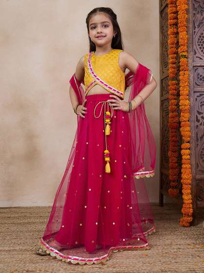 Pspeaches Girls Magenta
                    And Yellow Net Lehenga Blouse Dupatta Set