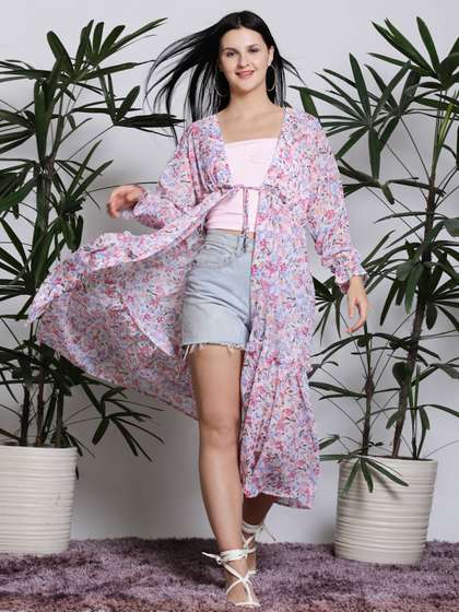 Sera Floral Printed
                        V-Neck Longline Tie-Up Shrug