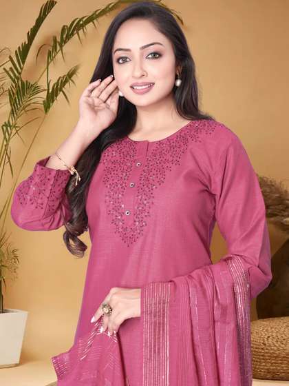 Anouk Pink Ethnic Motifs Yoke Design Sequined Straight Kurta with Trouser & Dupatta