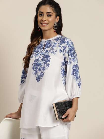HERE&NOW White Floral Printed Keyhole Neck A-Line Short Kurti
