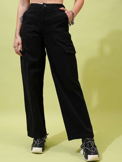 Tokyo Talkies Women
                        Black Flared High-Rise Cotton Cargos Trousers