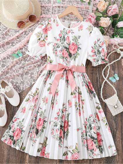 BAESD Girls Floral Print
                    Round Neck Short Puff Sleeves Fit & Flare Dress