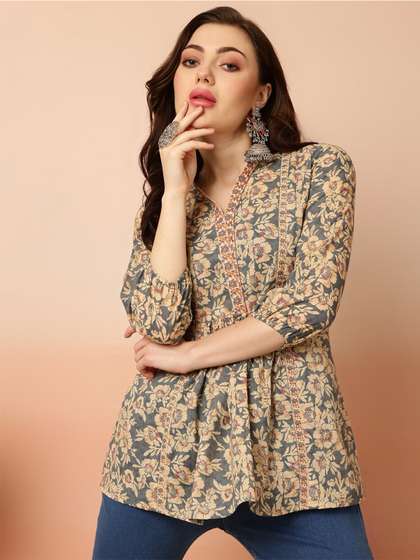 GULMOHAR JAIPUR Floral Printed Shirt Collar Pure Cotton Kurti