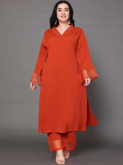 Varanga Xtra Rust Flared Sleeve Organza detailed Solid Kurta & Palazzo