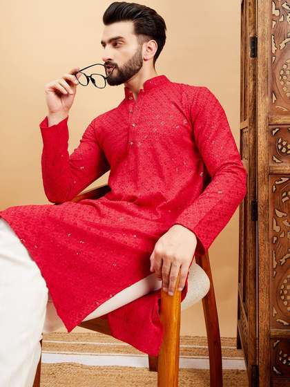 HERE&NOW Red Ethnic Motifs Embroidered Mandarin Collar Straight Kurta