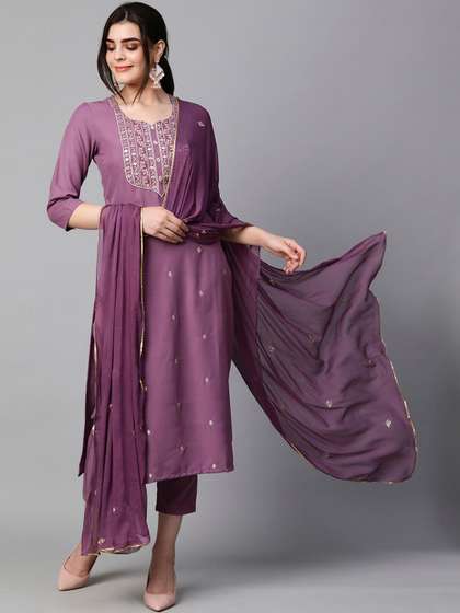 GoSriKi Floral Embroidered Straight Kurta With Trousers & Dupatta