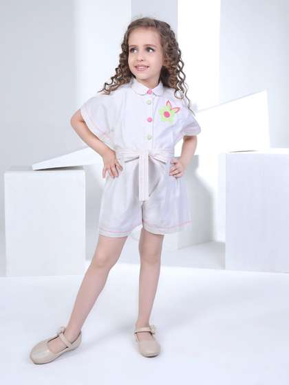 Peppermint Girls Shirt
                      Collar Self Design Linen Jumpsuit
