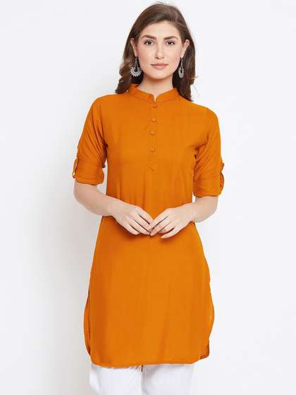 THE PAJAMA FACTORY Mandarin Collar Roll Up Sleeves Straight Kurti