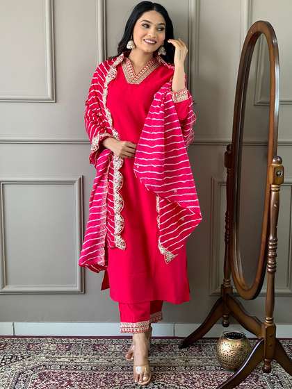 KALINI Floral Yoke Design Regular Thread Work Chanderi Silk Kurta with Trousers & Dupatta