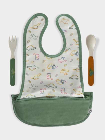 MiArcus 100% Cotton
                    Printed Feeding Bib With Zipper Pouch & Spoon
                    & Fork-Green