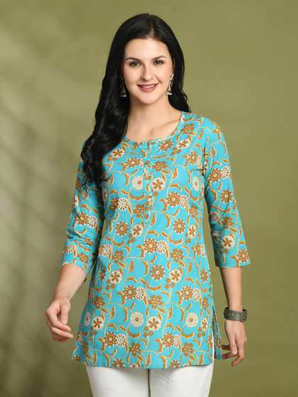 FERANOID Floral
                        Printed Round Neck Three-Quarter Sleeves Pure
                        Cotton Short Kurti