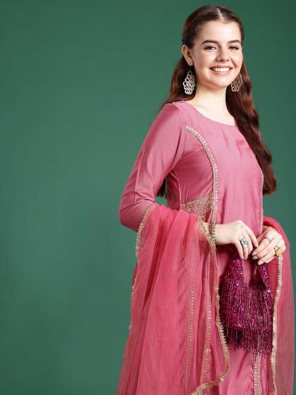 Sangria Women Sequinned Zari Work A-Line Kurta With Trousers & Dupatta