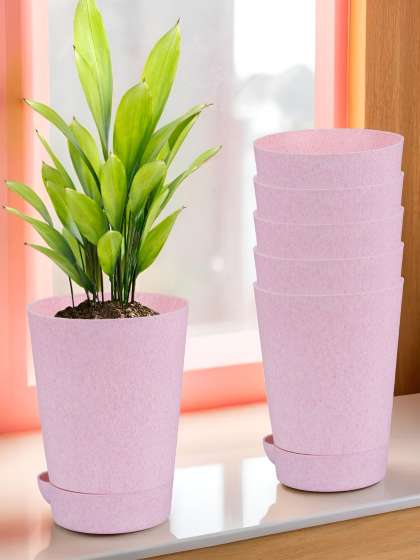 Kuber Industries Pink 6 Pieces Marble Finish Planters With Tray