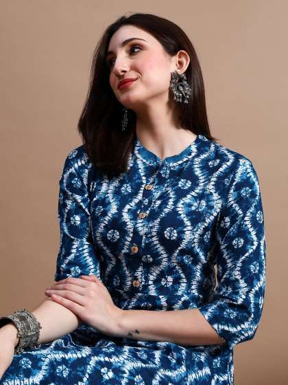 GLOWWORLD Tie & Dye Band Collar Straight Kurta