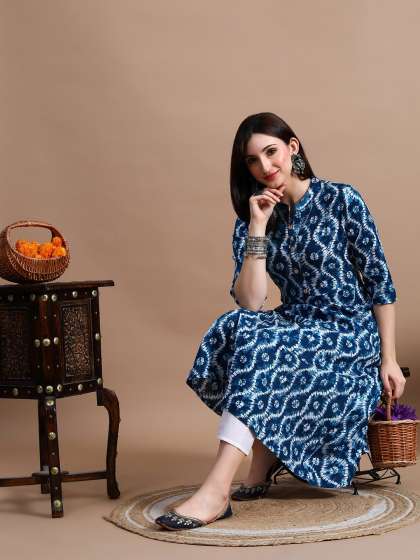 GLOWWORLD Tie & Dye Band Collar Straight Kurta
