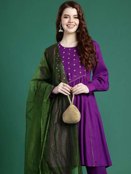 Sangria Mirror Work Embroidered Regular Gotta Patti A-Line Kurta With Trousers & Dupatta