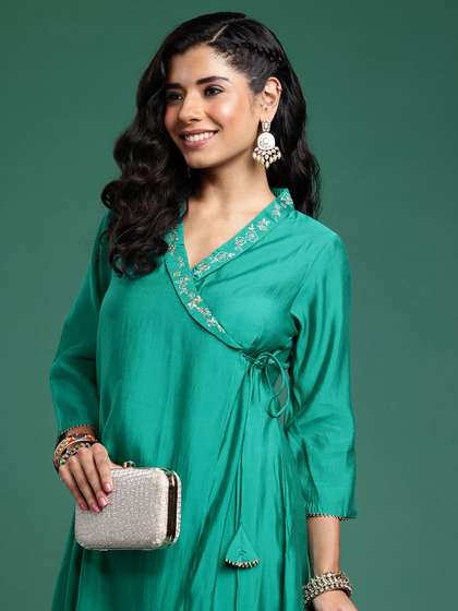Sangria V-Neck Thread Work Angrakha A-Line Kurta