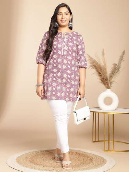 Janasya Floral Printed Round Notch Neck Cotton Straight Kurti
