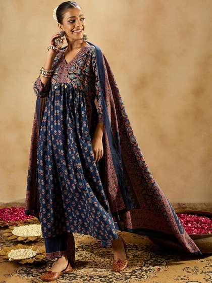 Indo Era Blue Floral Printed Empire V-Neck Flared Pure Cotton Straight Kurta Set