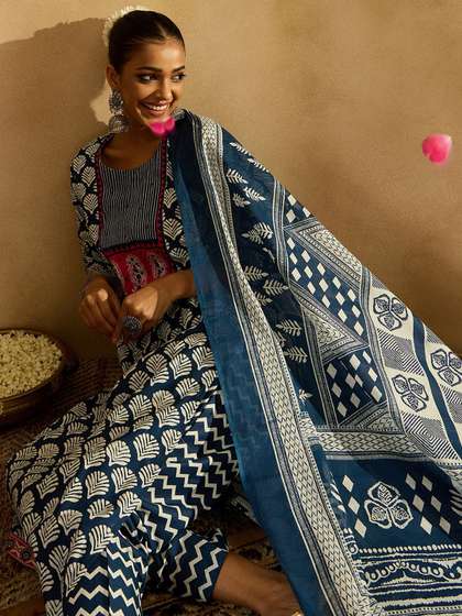 Indo Era Blue Ethnic Motifs Printed Straight Round Neck Thread Work Pure Cotton Kurta Set